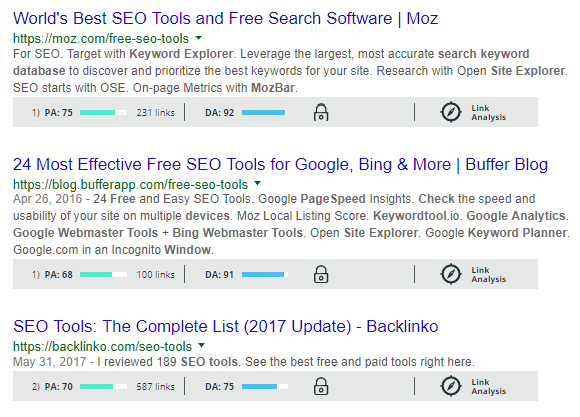 mozbar search results analysis