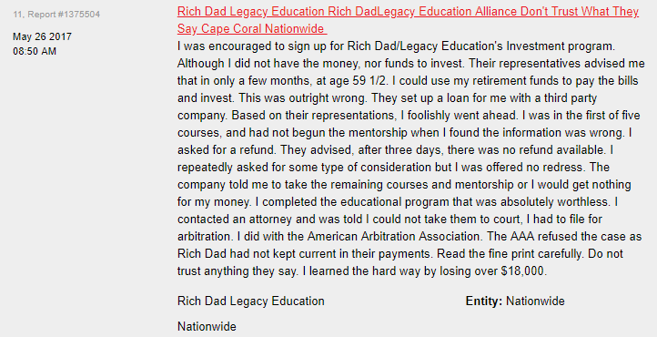 ripoff report example rich dad education