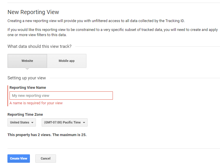 create new google analytics view