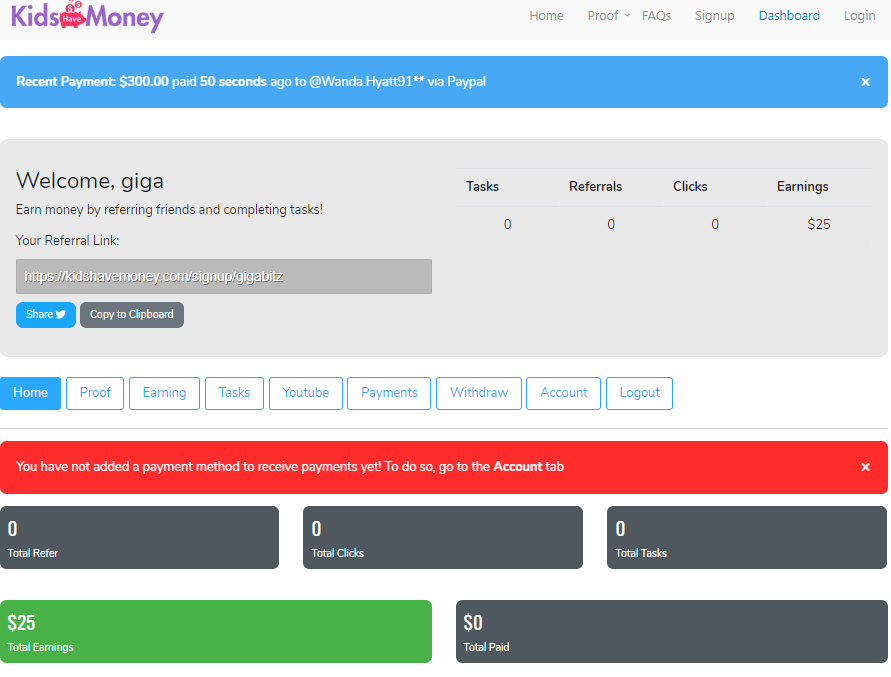 kids have money member dashboard