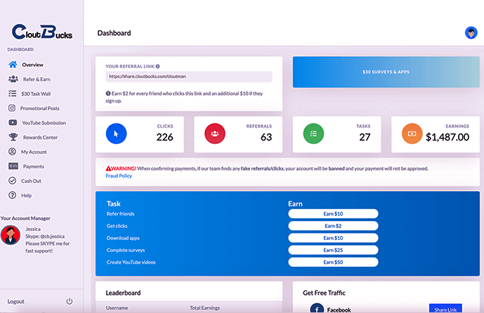 members dashboard cloutbucks