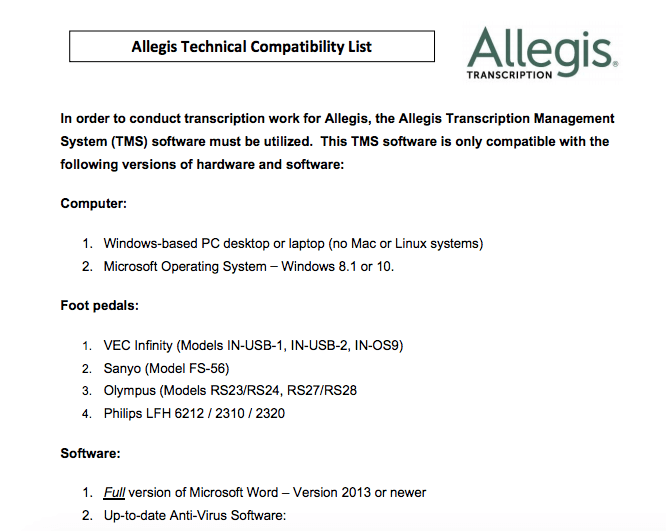 allegis transcription technical requirements